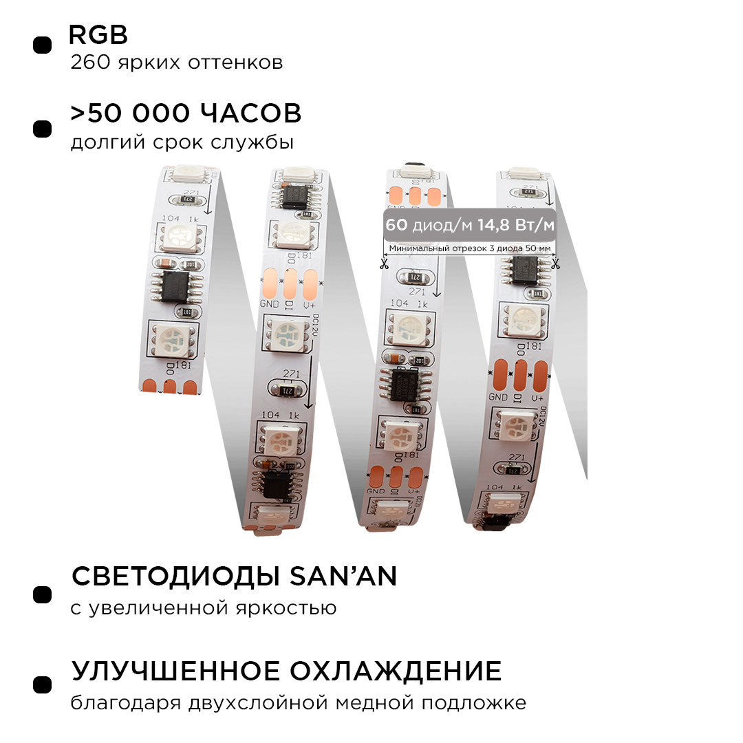Комплект цифровой светодиодной ленты Apeyron 12В 5050 14,4Вт/м RGB 2м IP65 84ЦЛ