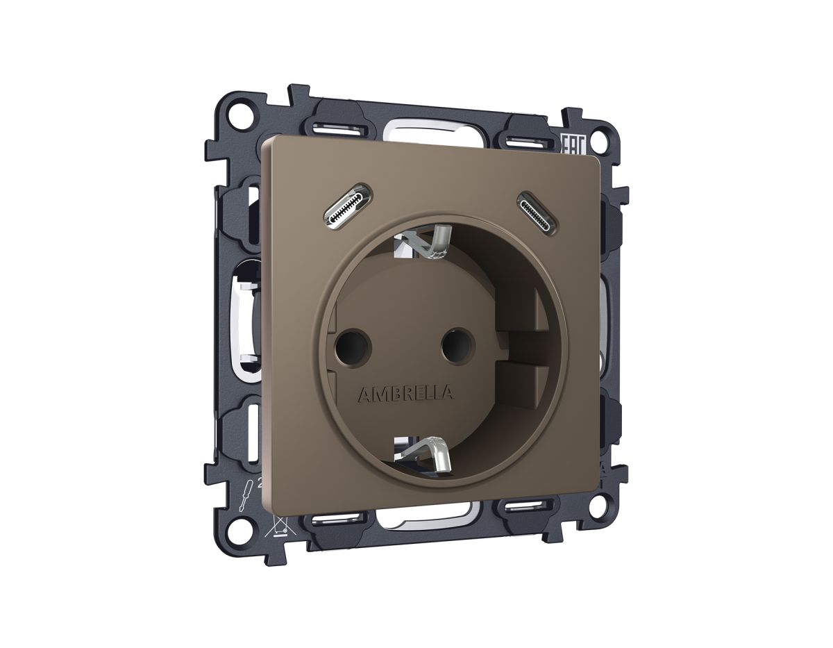 Комплект механизма электрической розетки 2USB С+C 20W с/з на винтовых зажимах 16A-250V Alfa Темная бронза матовый Quant Ambrella Volt MA640510 (AP6405, VM165)