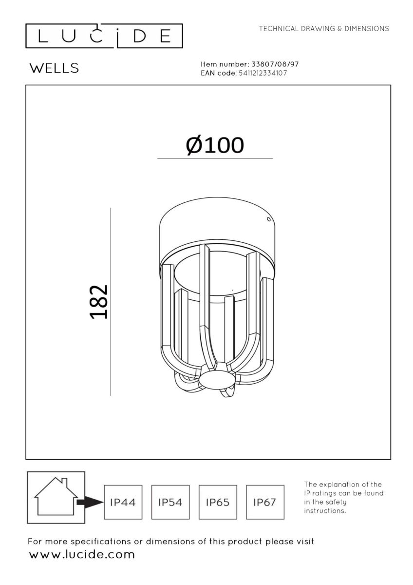 Уличный потолочный светильник Lucide Wells 33807/08/97
