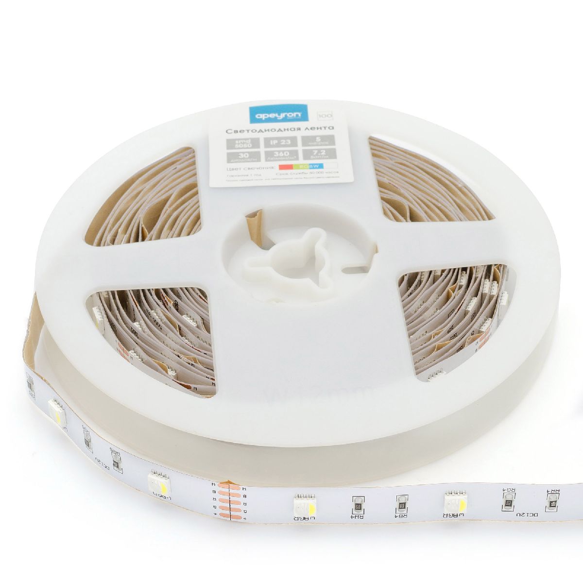 Светодиодная лента Apeyron 12В 7,2Вт/м smd5050 30д/м IP20 360Лм/м 5м RGBW 100BL