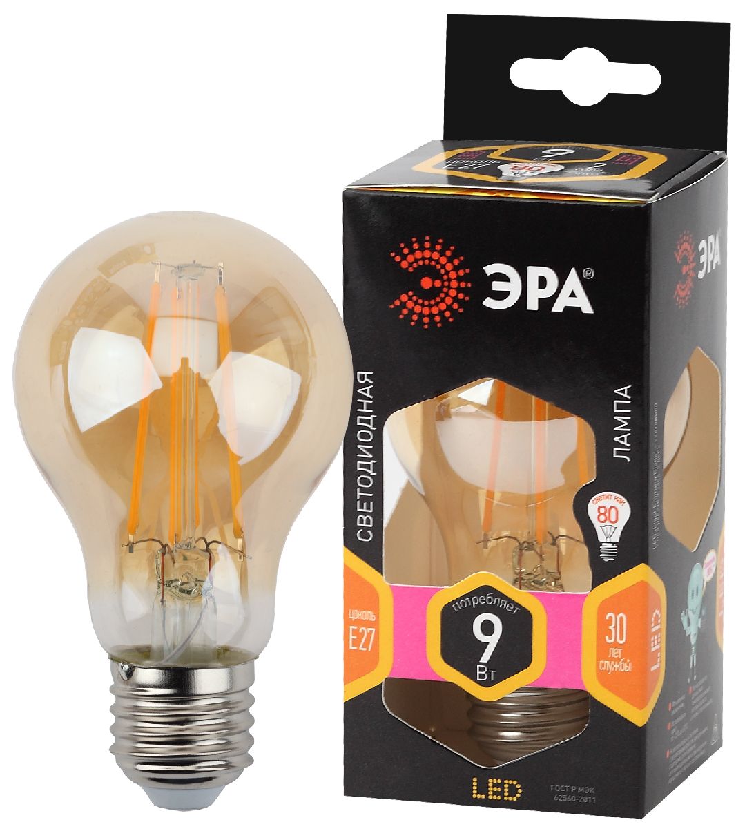 Лампа светодиодная Эра E27 9W 2700K F-LED A60-9W-827-E27 gold Б0035038
