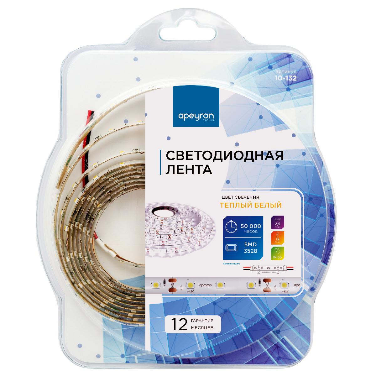 Светодиодная лента Apeyron 12В СТ 4,8Вт/м smd3528, 60д/м IP65 280Лм/м 2,5м 3000К 10-132