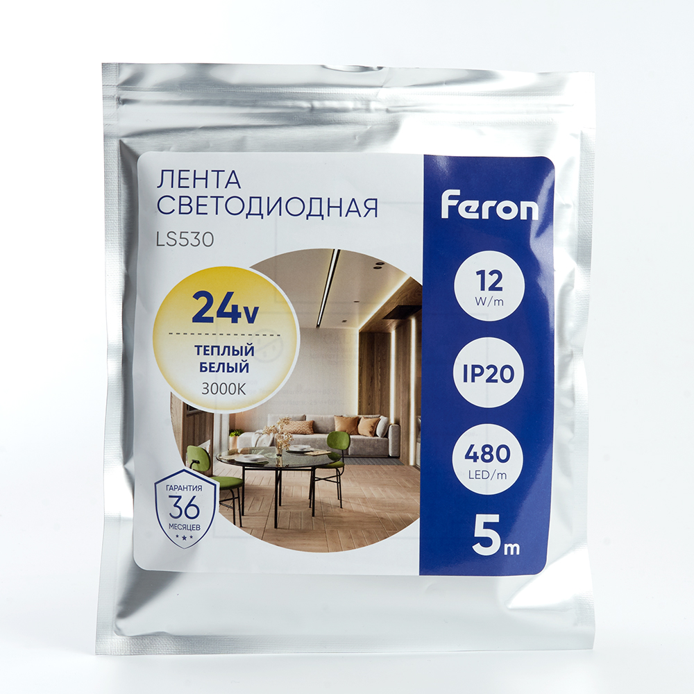 Светодиодная лента Feron LS530 24В 2110 12Вт/м 3000K 5м IP20 48270