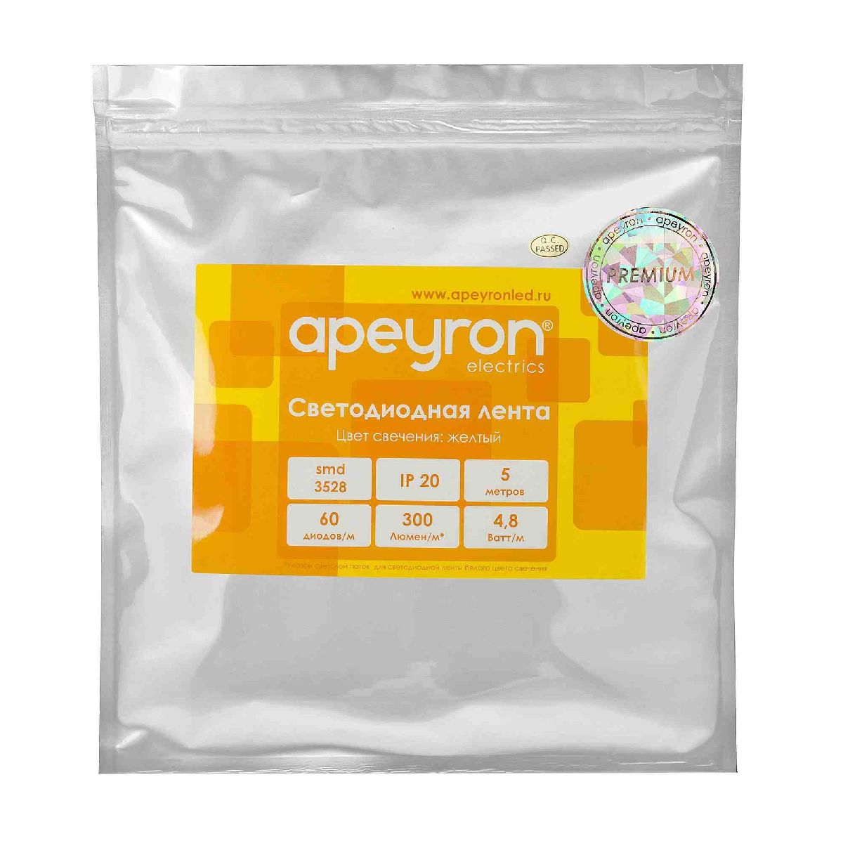 Светодиодная лента Apeyron 12В 3528 4,8Вт/м желтый 5м IP20 00-433