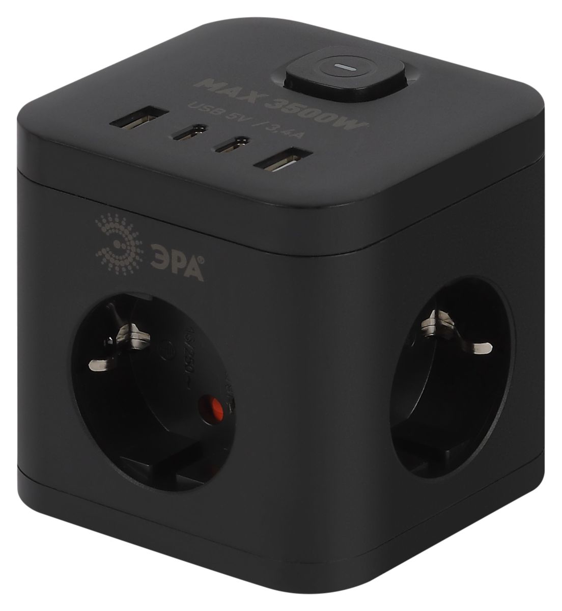 Сетевой фильтр ЭРА CUBE-3es-1,5m-4USB-B куб с заземлением с выключателем 3 розетки+4xUSBA+C 1,5м 16А черный Б0069074