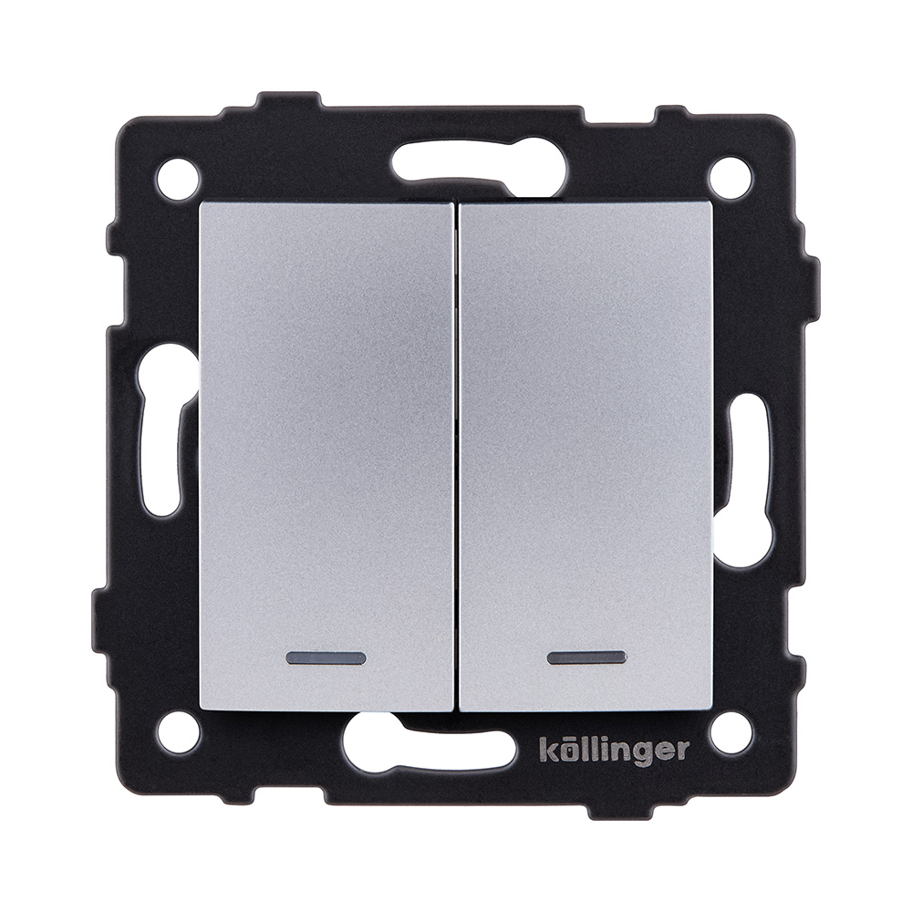Выключатель 2-клавишный проходной 10А/250В с LED подсветкой, изогнутый, серый Kollinger REA-R-010GY для Aspekt, Eleganz, Reflex