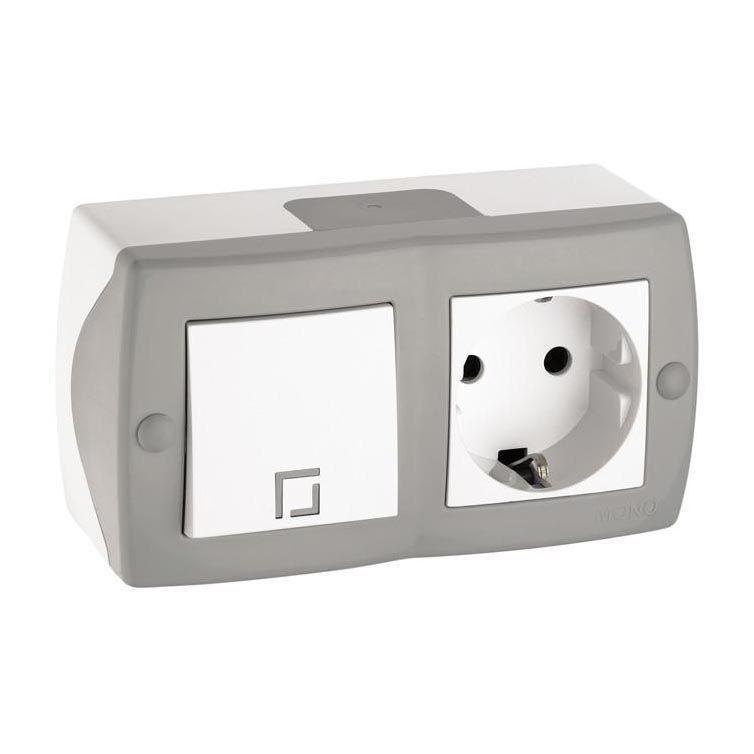 Выключатель одноклавишный + розетка с заземлением Mono Electric Octans IP20 10А 250В бело-серый 104-020001-180