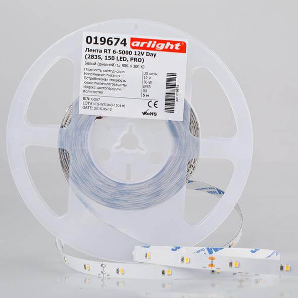 Светодиодная лента Arlight RT 6-5000 12V Warm 3000K (2835, 150 LED, PRO) 019675