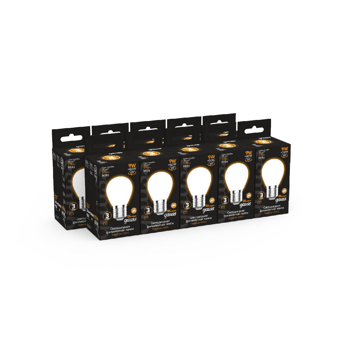 Лампа светодиодная филаментная Gauss E27 9W 3000К матовая 105202109