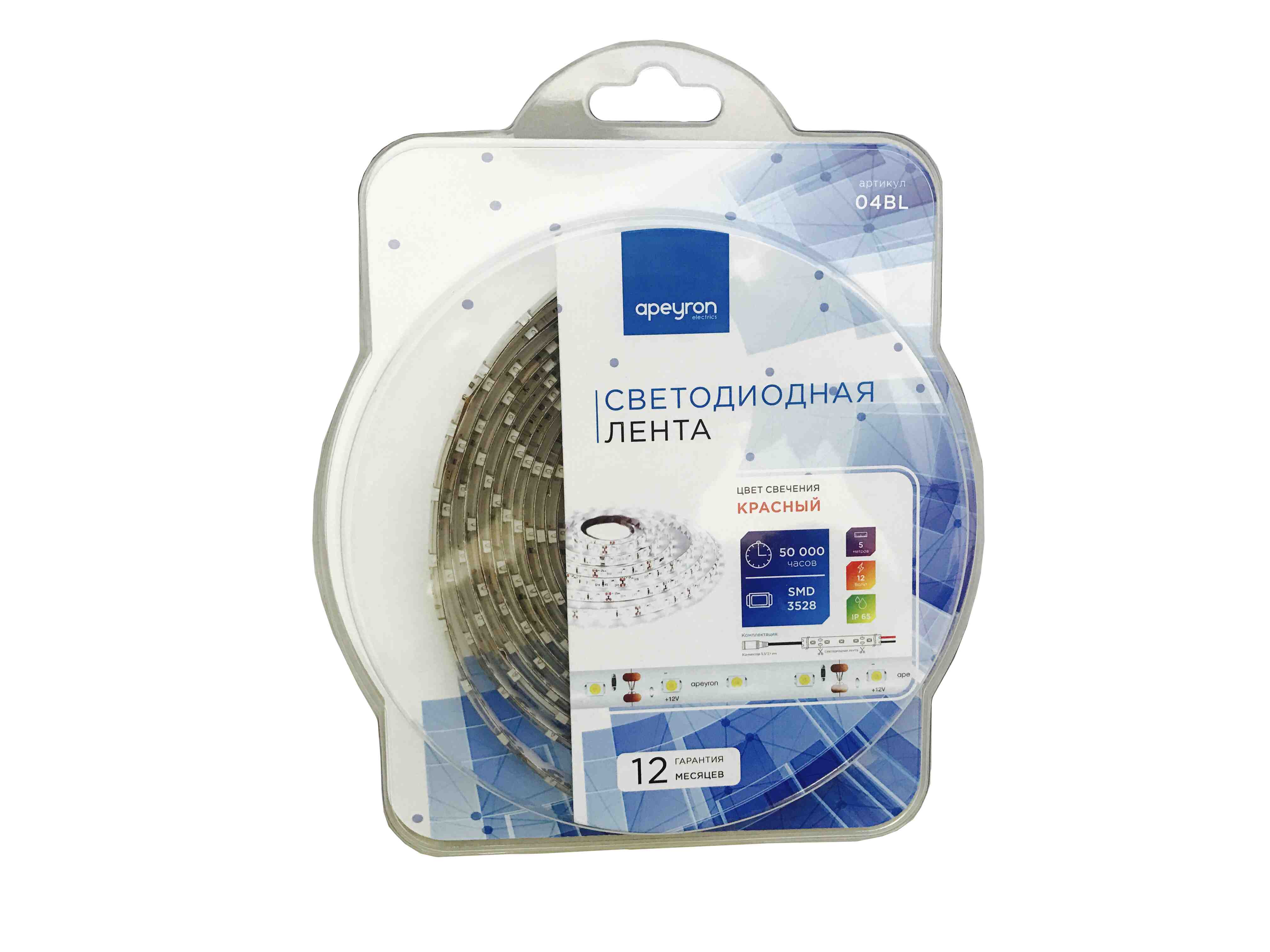 Светодиодная лента Apeyron 12В СТ 4,8Вт/м smd3528, 60д/м IP65 5м красная 04BL