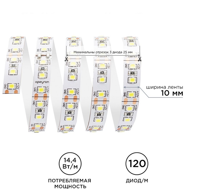 Светодиодная лента Apeyron Стандарт 12В 2835 14,4Вт/м 400К 5м IP20 00-53