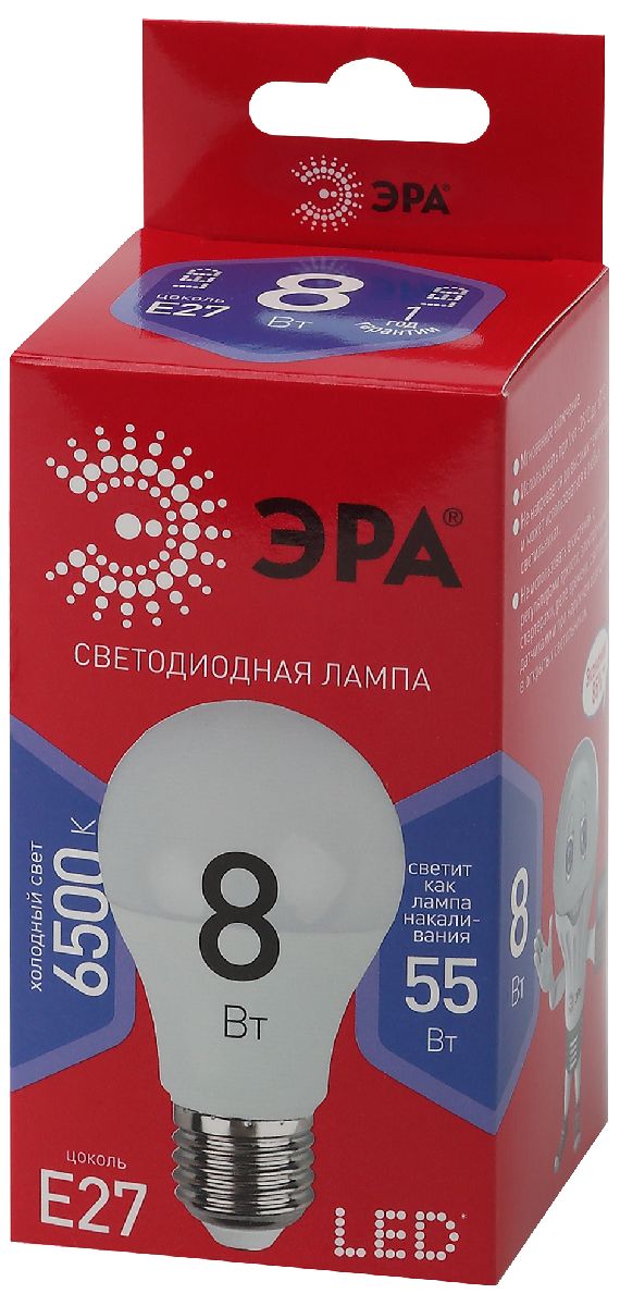 Лампа светодиодная Эра E27 8W 6500K LED A60-8W-865-E27 R Б0048502