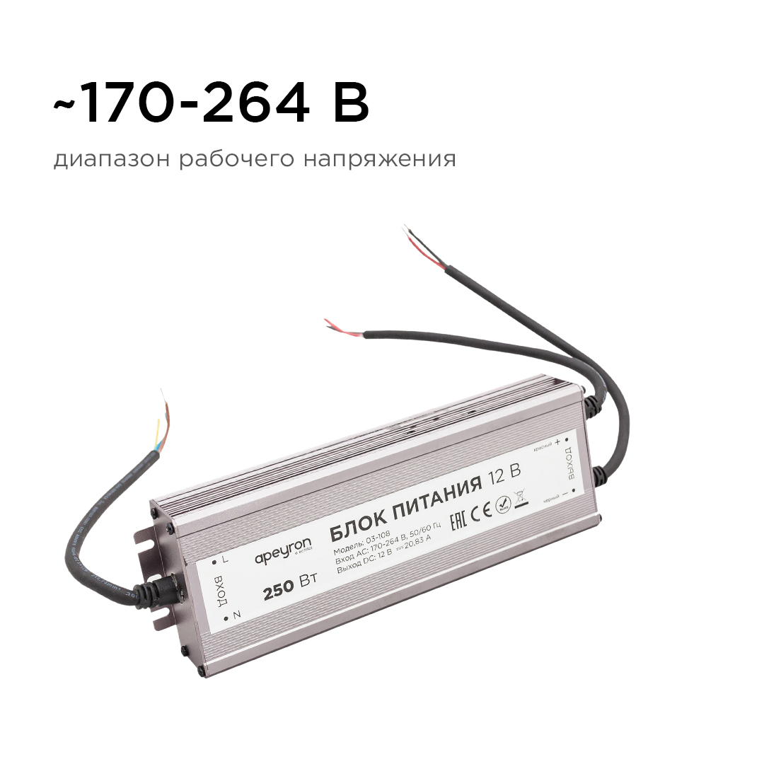 Блок питания Apeyron 12В (СТ) 250Вт импульсный IP67 170-264В 20,83А 03-108