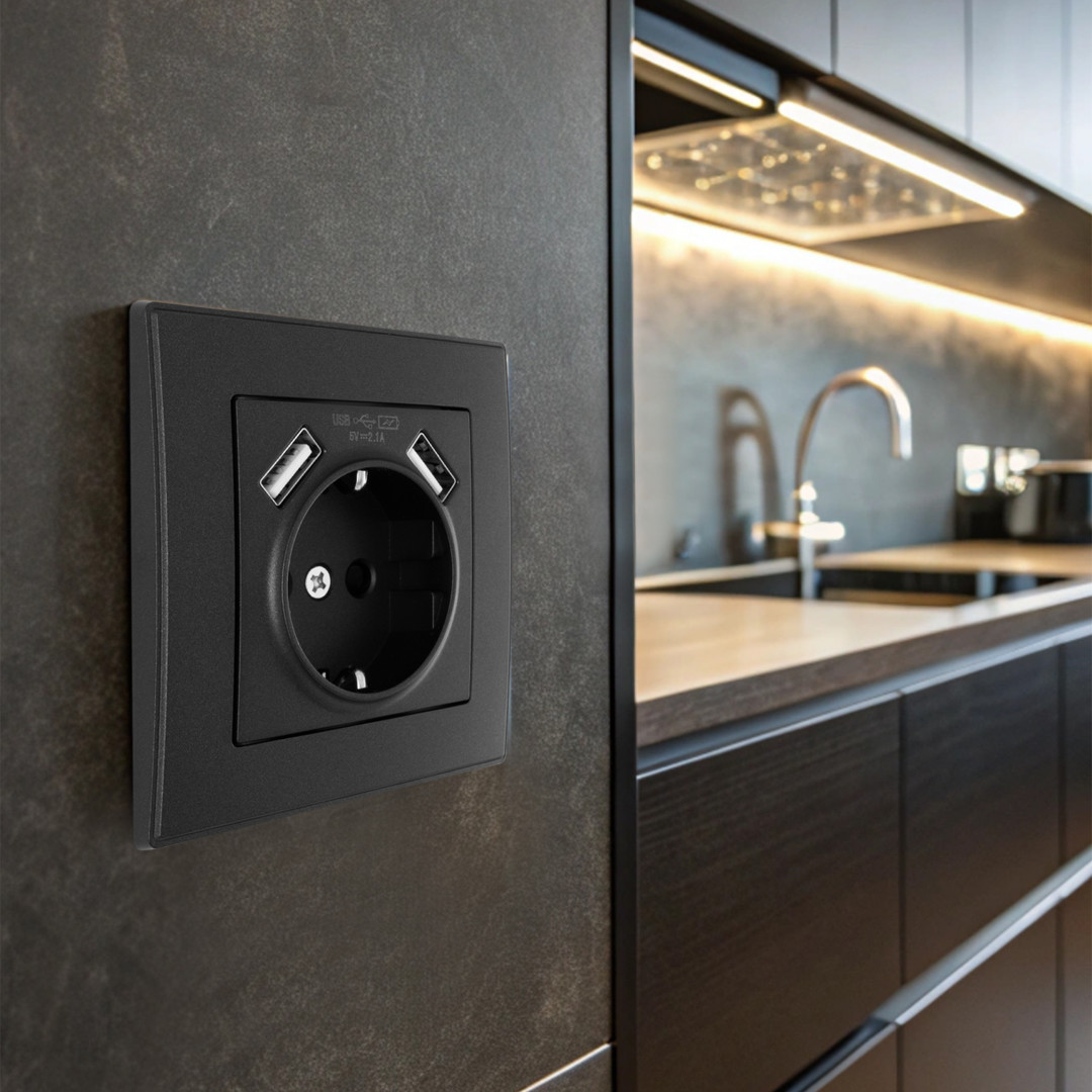 Комплект розетки с/з и шторками + USB и рамкой Arte Milano SET06-1-47-1 black