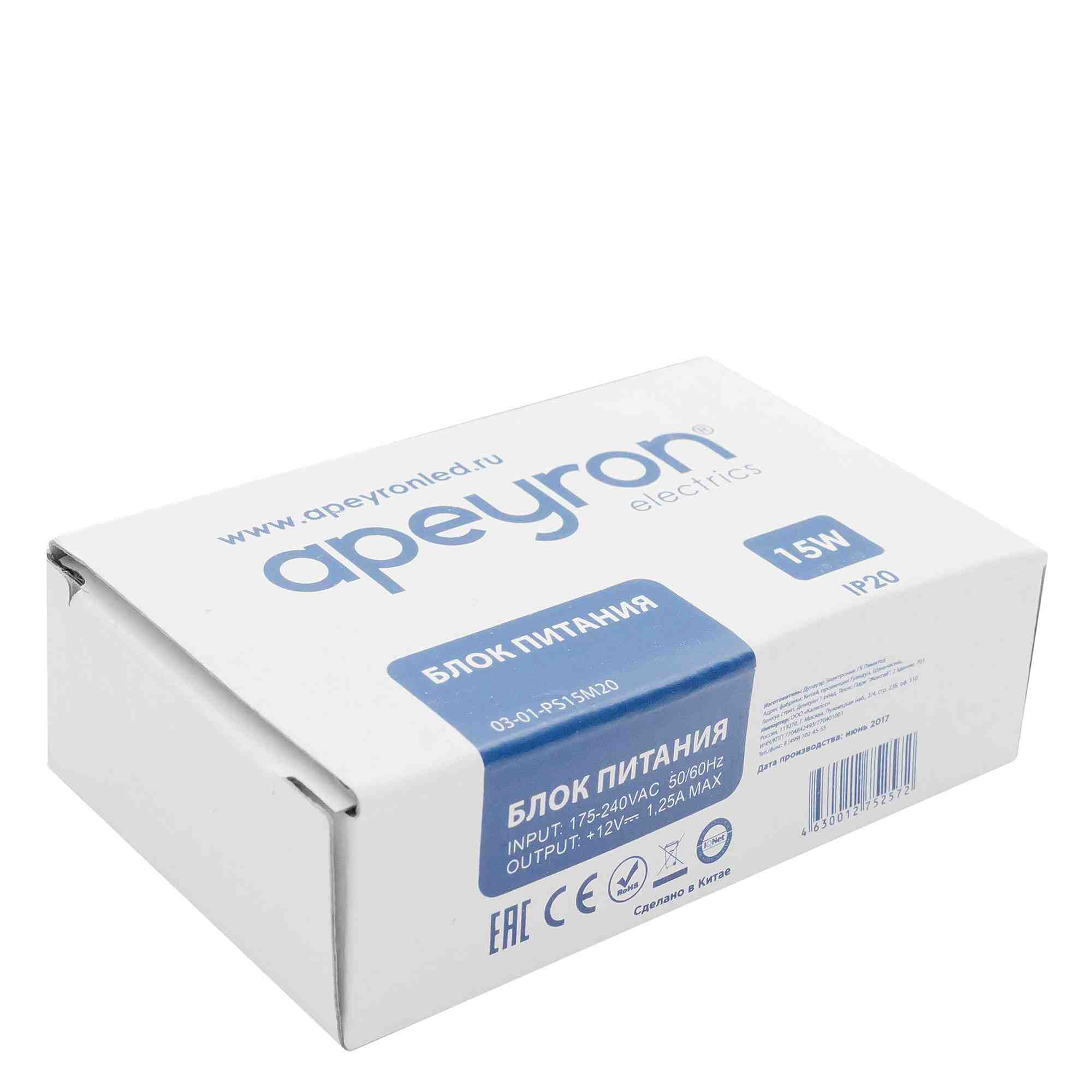 Блок питания Apeyron 12В 15Вт IP20 1,25А 03-01 в Москве