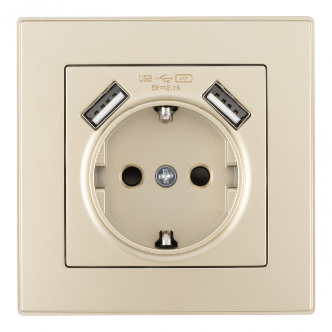 Комплект розетки с/з и шторками + USB и рамкой Arte Milano SET06-1-47-1 shampan