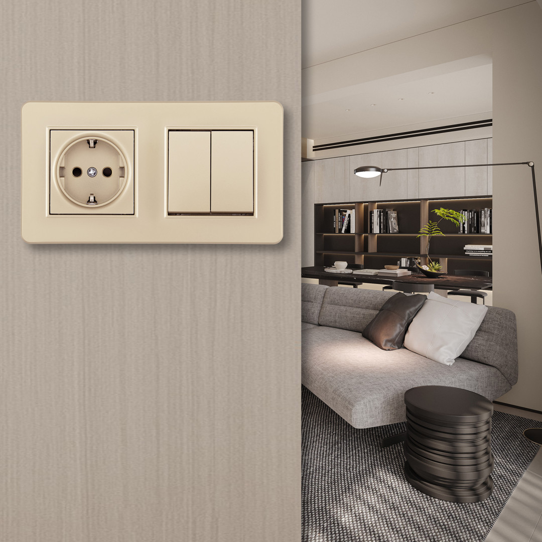 Выключатель двухклавишный с розеткой Arte Milano SET16-2-40-1-30-2 shampan