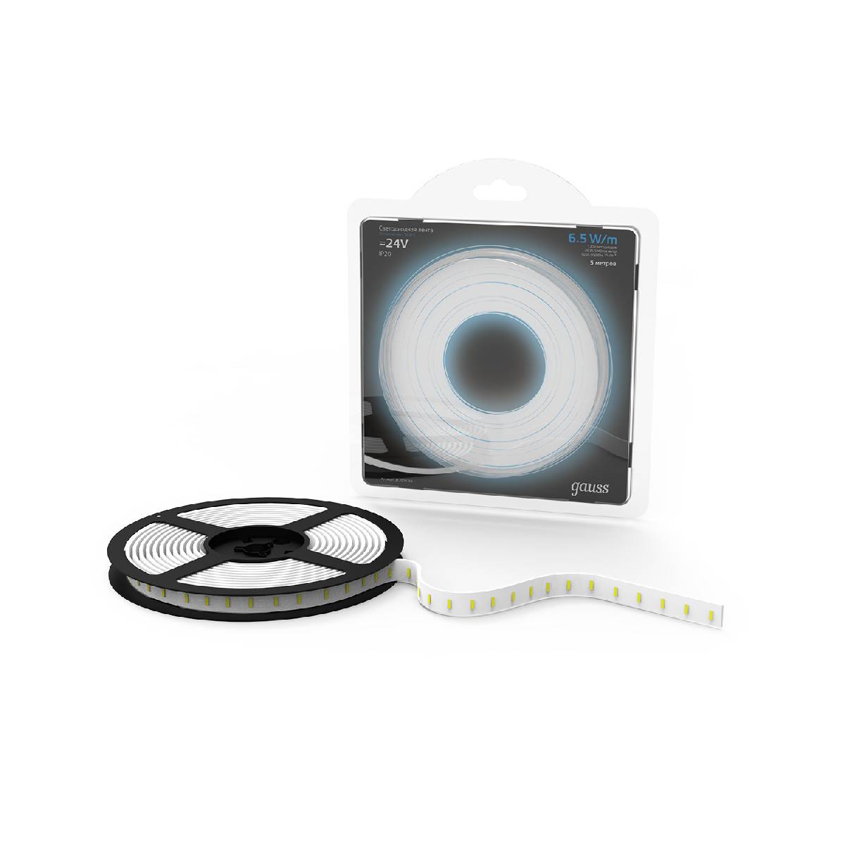 Светодиодная лента Gauss 24В 2835 6,5Вт/м 5000K 5м IP20 312000265