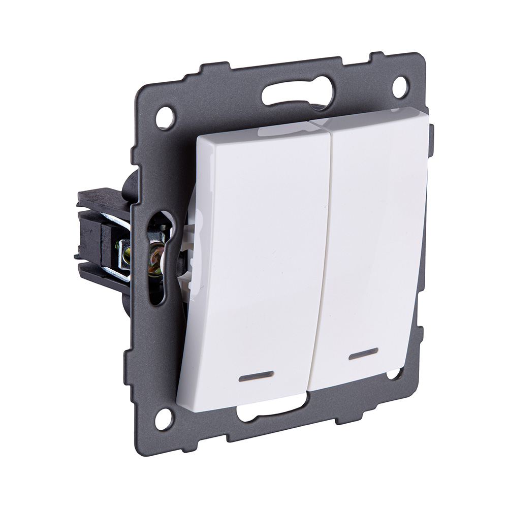 Выключатель кнопочный 2-клавишный 10А/250В с LED подсветкой, изогнутый, белый Kollinger REA-R-014WH для Aspekt, Eleganz, Reflex