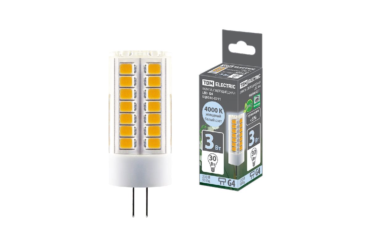 Лампа светодиодная TDM Electric G4 3W 4000K прозрачная SQ0340-0211
