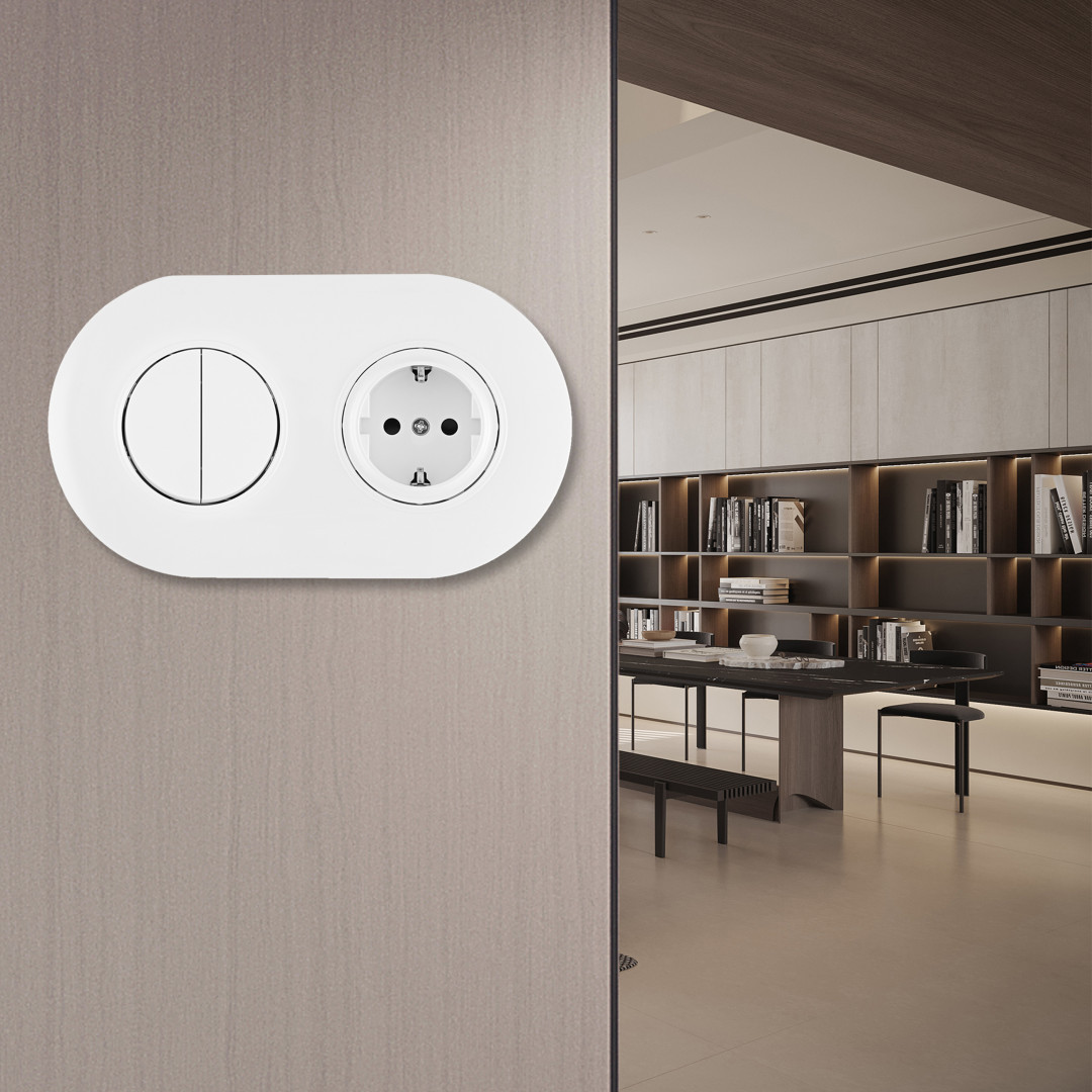 Выключатель круглый двухклавишный с розеткой с/з и шторками Arte Milano SET08-2-40-1-30-2 white