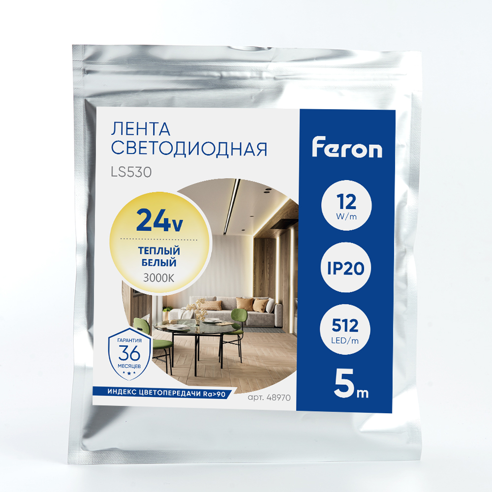 Светодиодная лента Feron LS530 512SMD 12Вт/м 24В 3000К IP20 48970