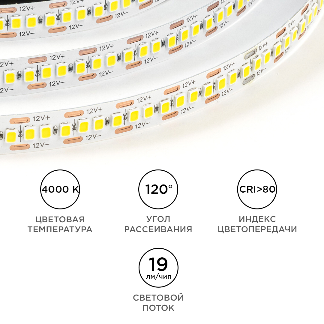 Светодиодная лента OGM 12В 2835 19,2Вт/м 4000К 19Лм/чип 5м IP20 LSE-266
