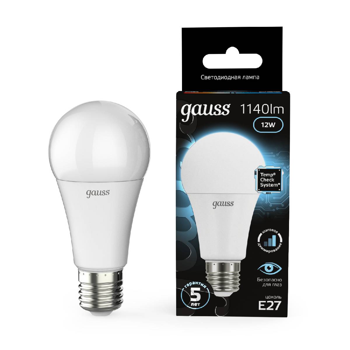 Лампа светодиодная диммируемая Gauss E27 12W 4100K груша матовая 102502212-S