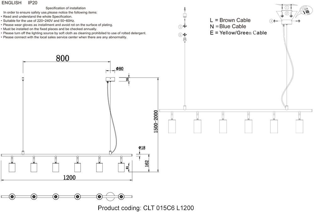 Подвесной светильник Crystal Lux RIVO SP6 L1200 BL