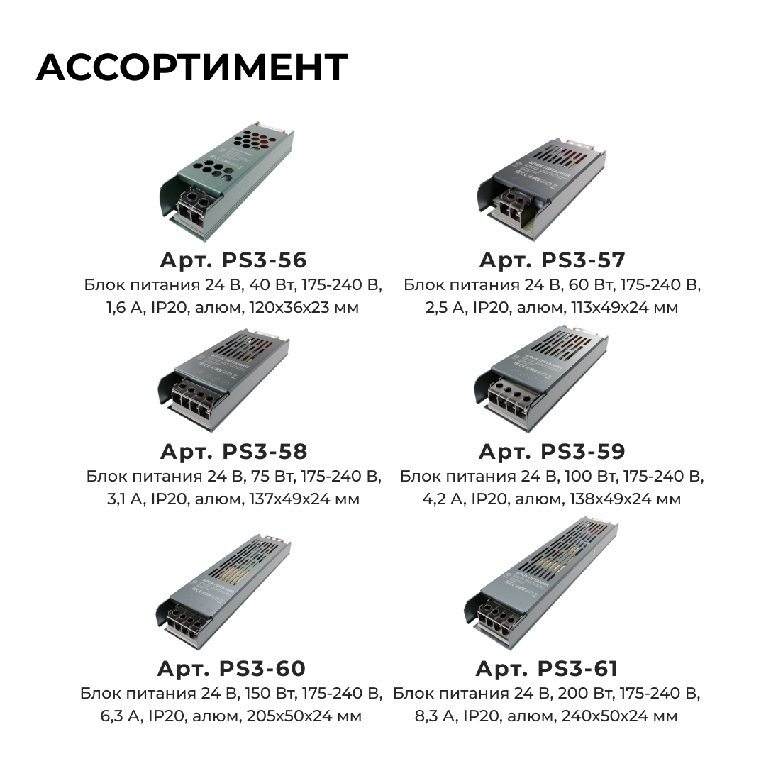 Блок питания OGM 24В, 40Вт, 175-240В, 1,6А, IP20 PS3-56