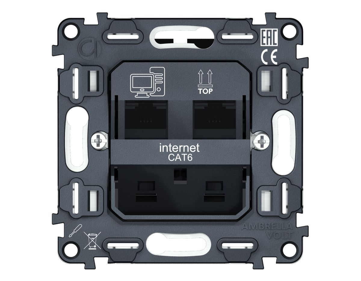 Механизм компьютерной двойной розетки RJ-45 (8P8C) CAT6 с автоматической защитной шторкой QUANT Ambrella Volt VM189
