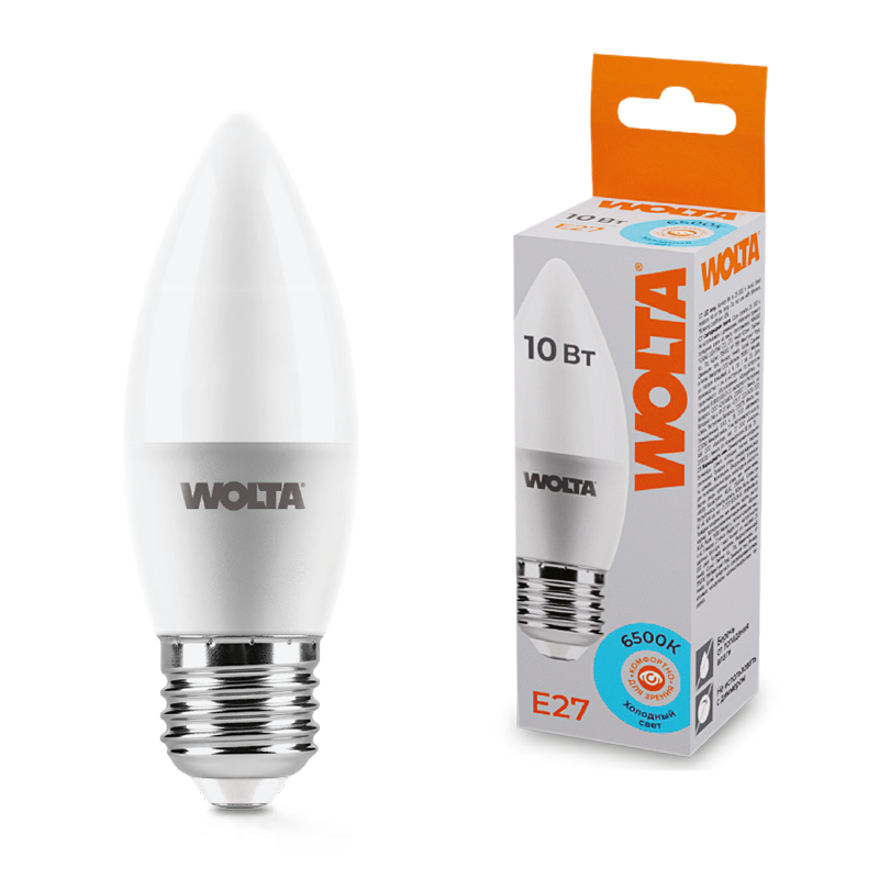 Светодиодная лампа WOLTA 10Вт 6500K E27 свеча матовая 25WC10E27
