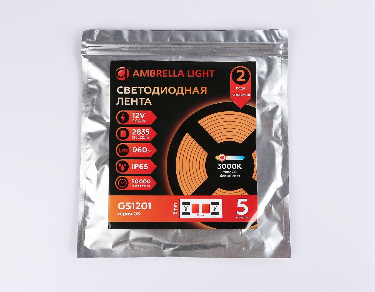 Светодиодная лента Ambrella Light LED Strip 12В 2835 9,6Вт/м 3000K 5м IP65 GS1201