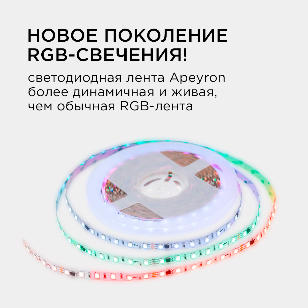 Комплект адресной светодиодной ленты Apeyron 24В 14,4Вт/м smd5050 60д/м IP20 10м RGB (адаптер питания, контроллер) 10-99