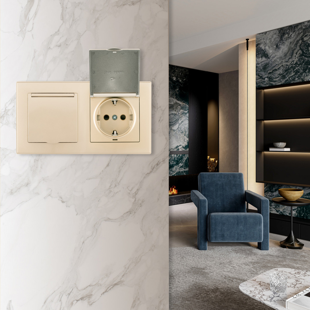 Розетка двойная (двухпостовая) с/з и шторками Arte Milano SET06-2-41-1x2 shampan