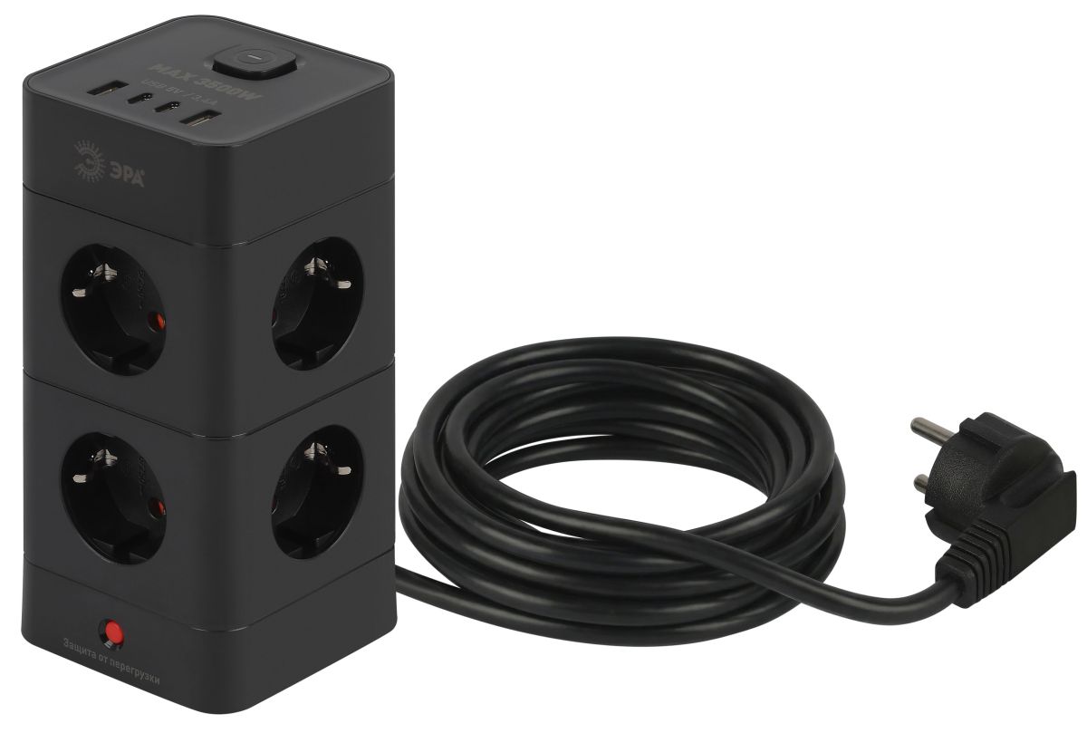 Сетевой фильтр ЭРА TWR-8es-1,5m-4USB-B башня с защитой заземлением с выключателем 8 розеток+4xUSBA+C 1,5м 16А черный Б0069072