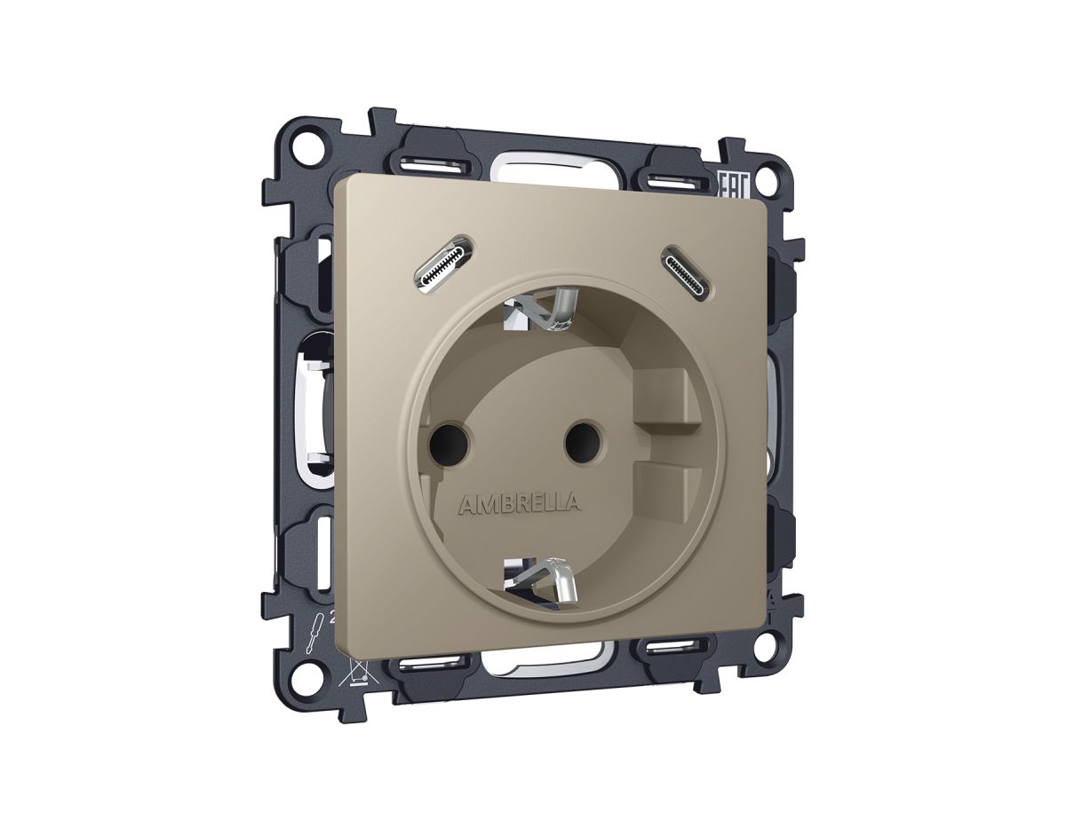 Комплект механизма электрической розетки 2USB С+C 20W с/з на винтовых зажимах 16A-250V Alfa Серо-бежевый матовый Quant Ambrella Volt MA370510 (AP3705, VM165)