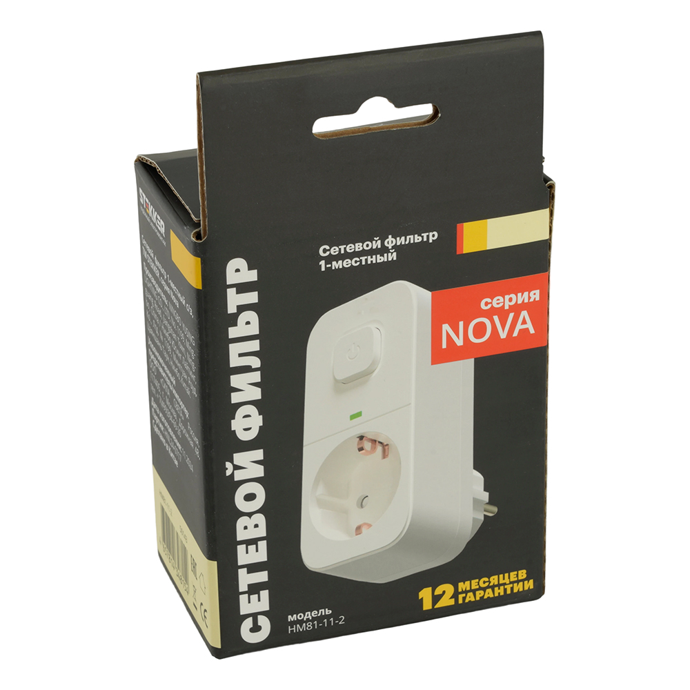 Сетевой фильтр 1-местный с/з с выключателем Stekker Nova HM81-11-2 50143