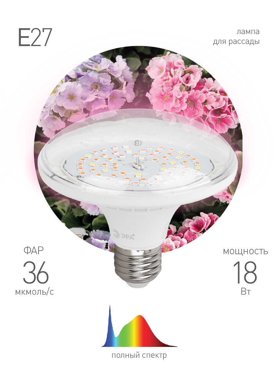 Фитолампа для растений светодиодная Эра E27 18W 6500K FITO-18W-Ra90-E27 Б0057710