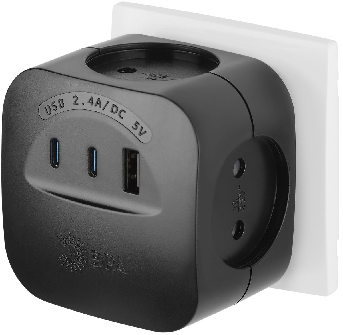 Разветвитель электрический ЭРА SP-4-3USBAC-B на 4 розетки + 3 USB A+C со шторками 10А черный Б0069084