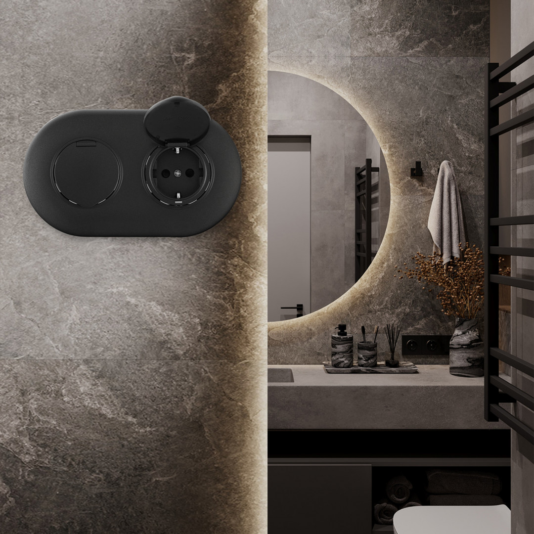 Круглая розетка двойная (двухпостовая) с/з и шторками Arte Milano SET08-2-41-1x2 black