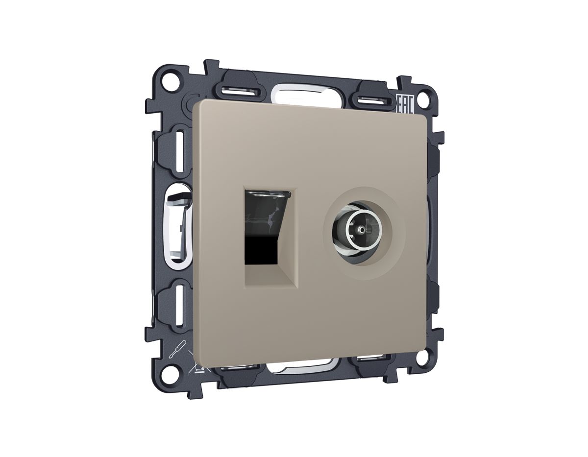 Комплект механизма розетки компьютерной + TV оконечной RJ-45 с автоматической защитной шторкой Alfa Серо-бежевый матовый Ambrella Volt MA372510 (AP3725, VM195)