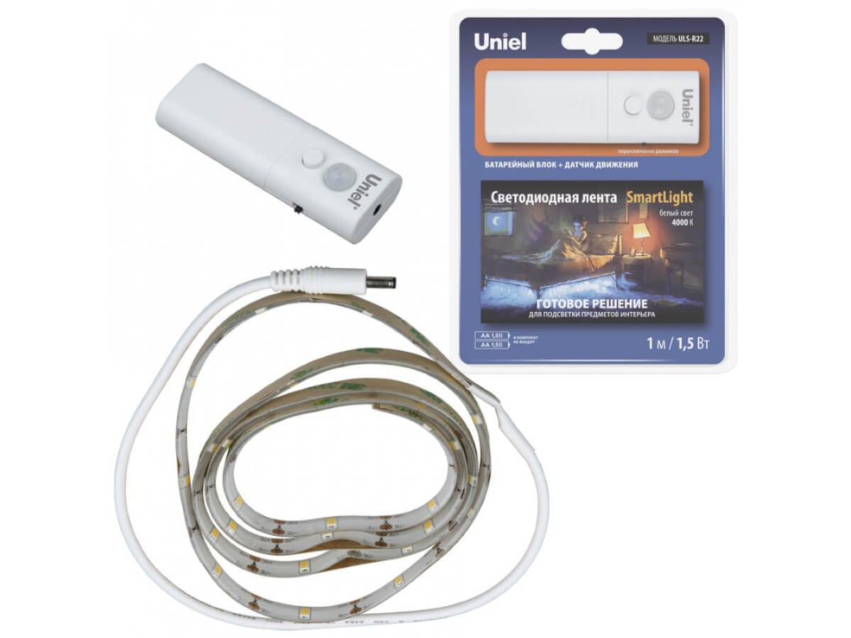 Светодиодная влагозащищенная лента (UL-00006561) Uniel 1,5W/m 30LED/m белый 1M ULS-R22-1,5W/4000K/1,0M/2AA SENSOR Smart Light
