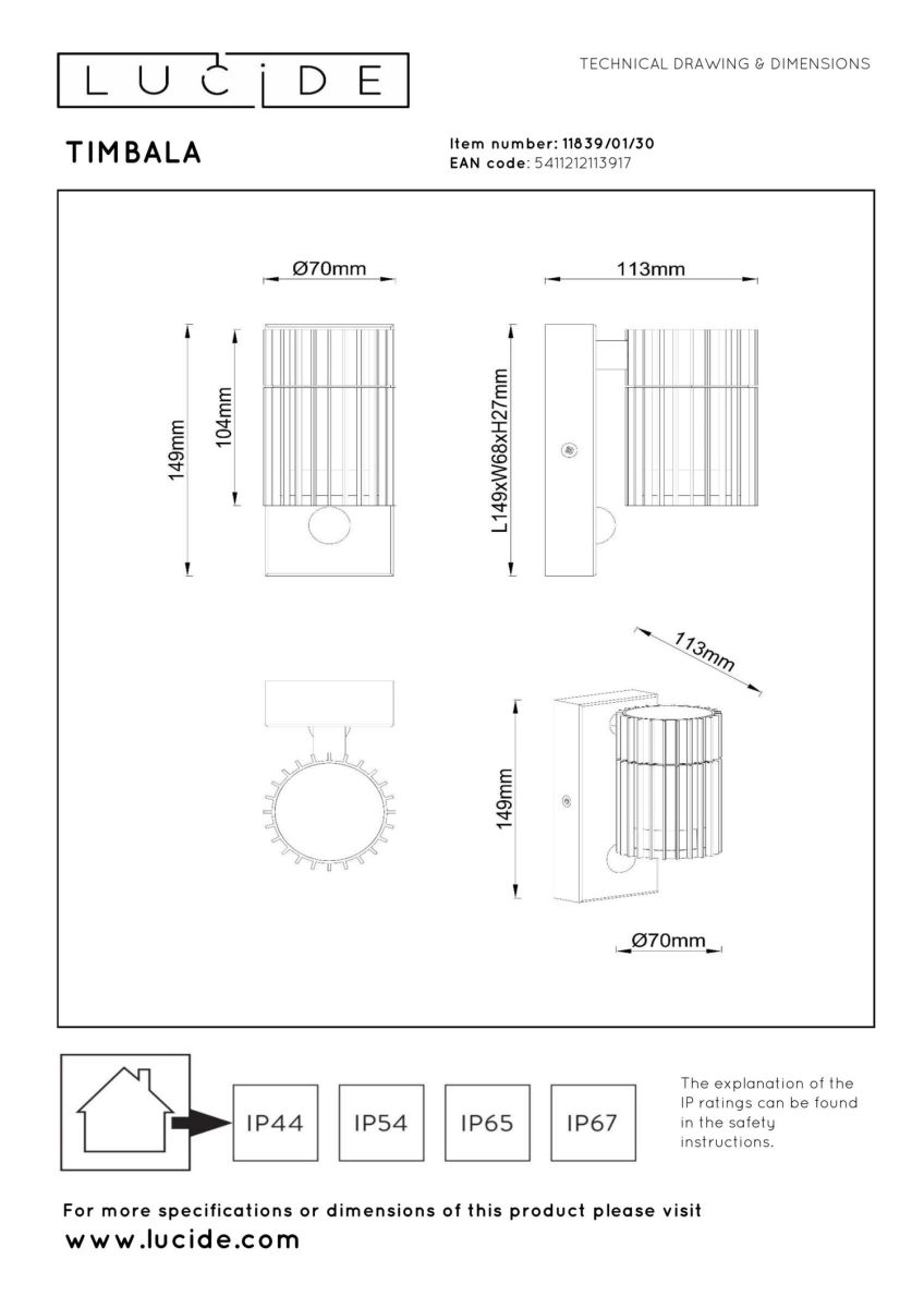 Уличный настенный светильник Lucide Timbala 11839/01/30