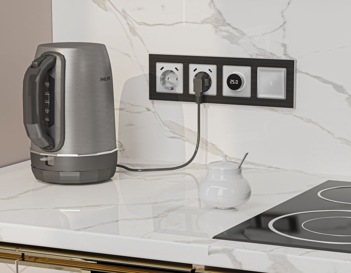 Комплект механизма терморегулятора с цифровым дисплеем с подсветкой и датчиком для теплого пола Alfa Серебро глянец Quant Ambrella Volt MA405810 (AP4058, VM1385)