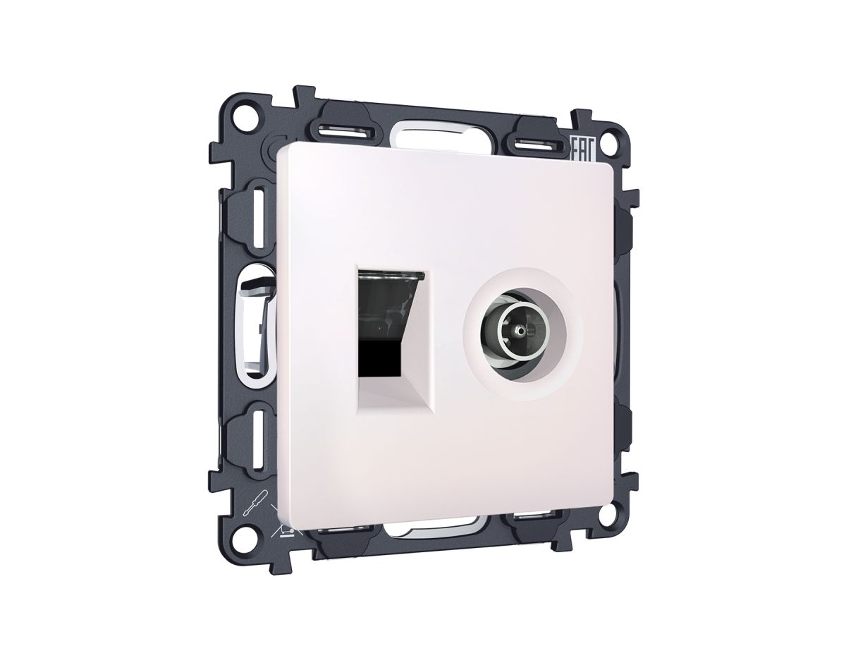 Комплект механизма розетки компьютерной + TV оконечной RJ-45 с автоматической защитной шторкой Alfa Жемчуг Quant Ambrella Volt MA212510 (AP2125, VM195)