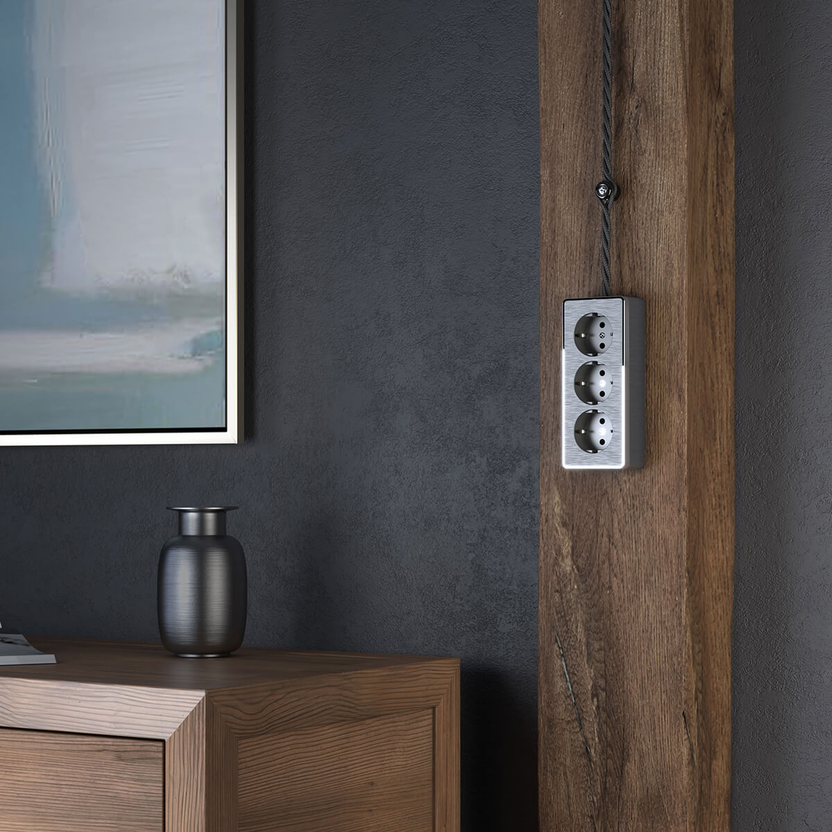 Розетка тройная с/з со шторками Werkel Gallant графит рифленый WL15-02-05 4690389166976