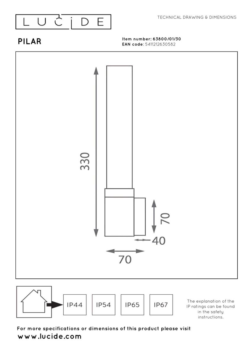 Уличный настенный светильник Lucide Pilar 63800/01/30