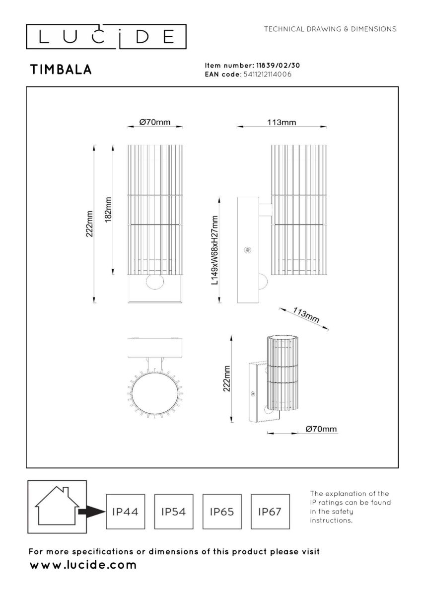 Уличный настенный светильник Lucide Timbala 11839/02/30
