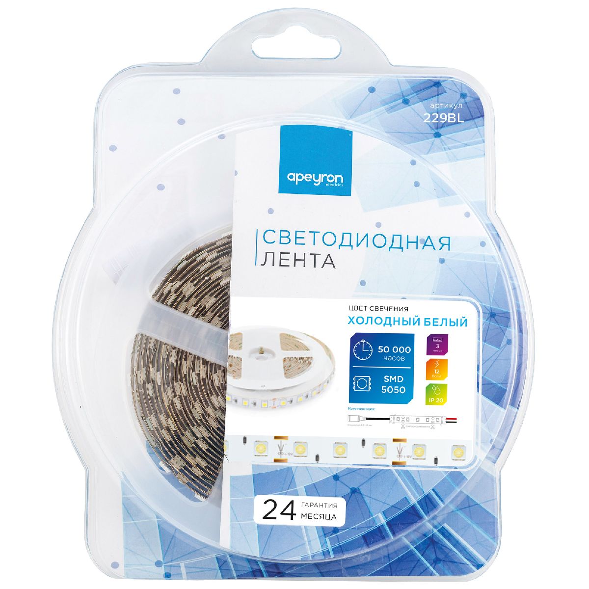 Светодиодная лента Apeyron 12В 14,4Вт/м smd5050 60д/м IP20 700Лм/м 3м, 6500К 229BL
